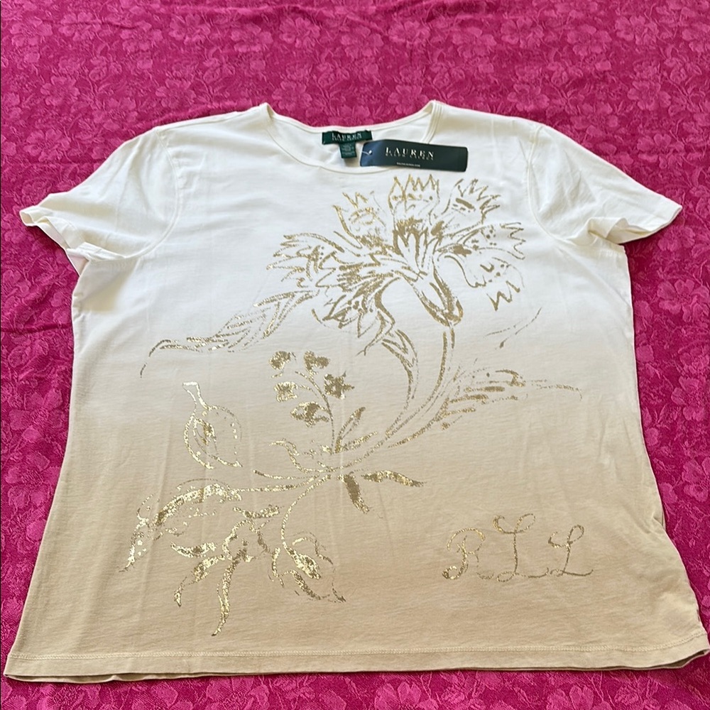 Lauren Ralph Lauren L Cream metallic gold floral Graphic Fitted Tee cotton NWT